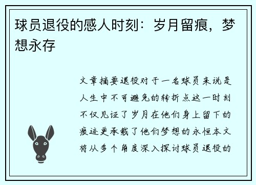 球员退役的感人时刻：岁月留痕，梦想永存